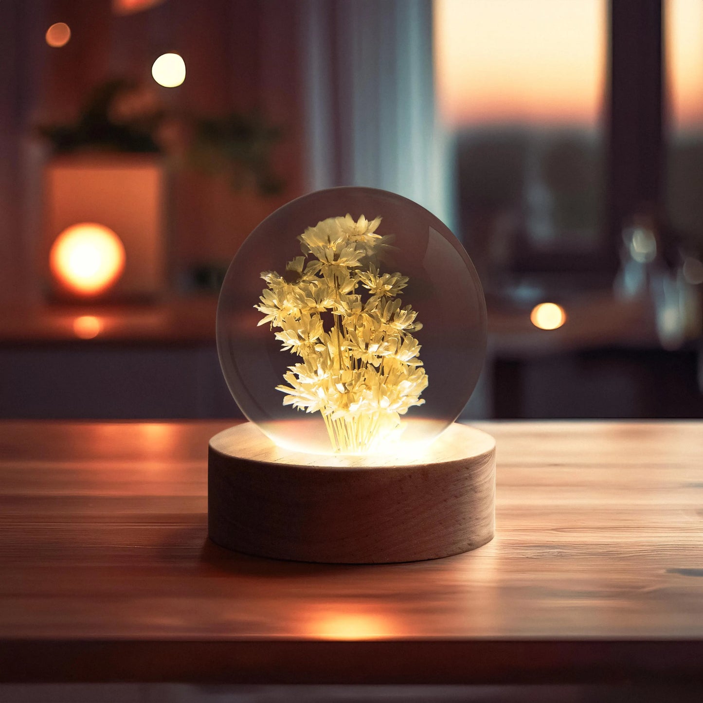 Little White Daisy Flowers Night Light Crystal Ball - (Natural Preserved Flower)