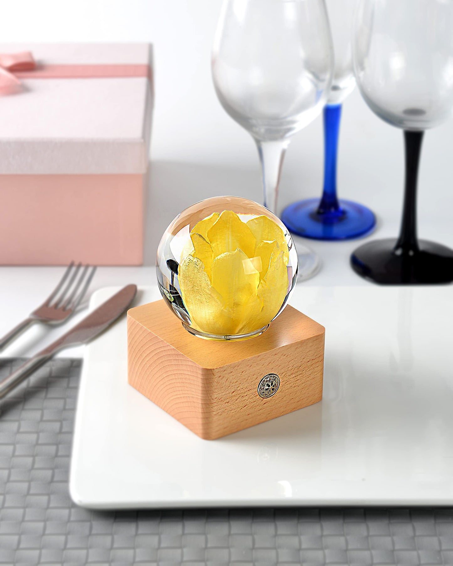 Yellow Tulip Flower Night Light Crystal Ball - （Natural Preserved Flower)