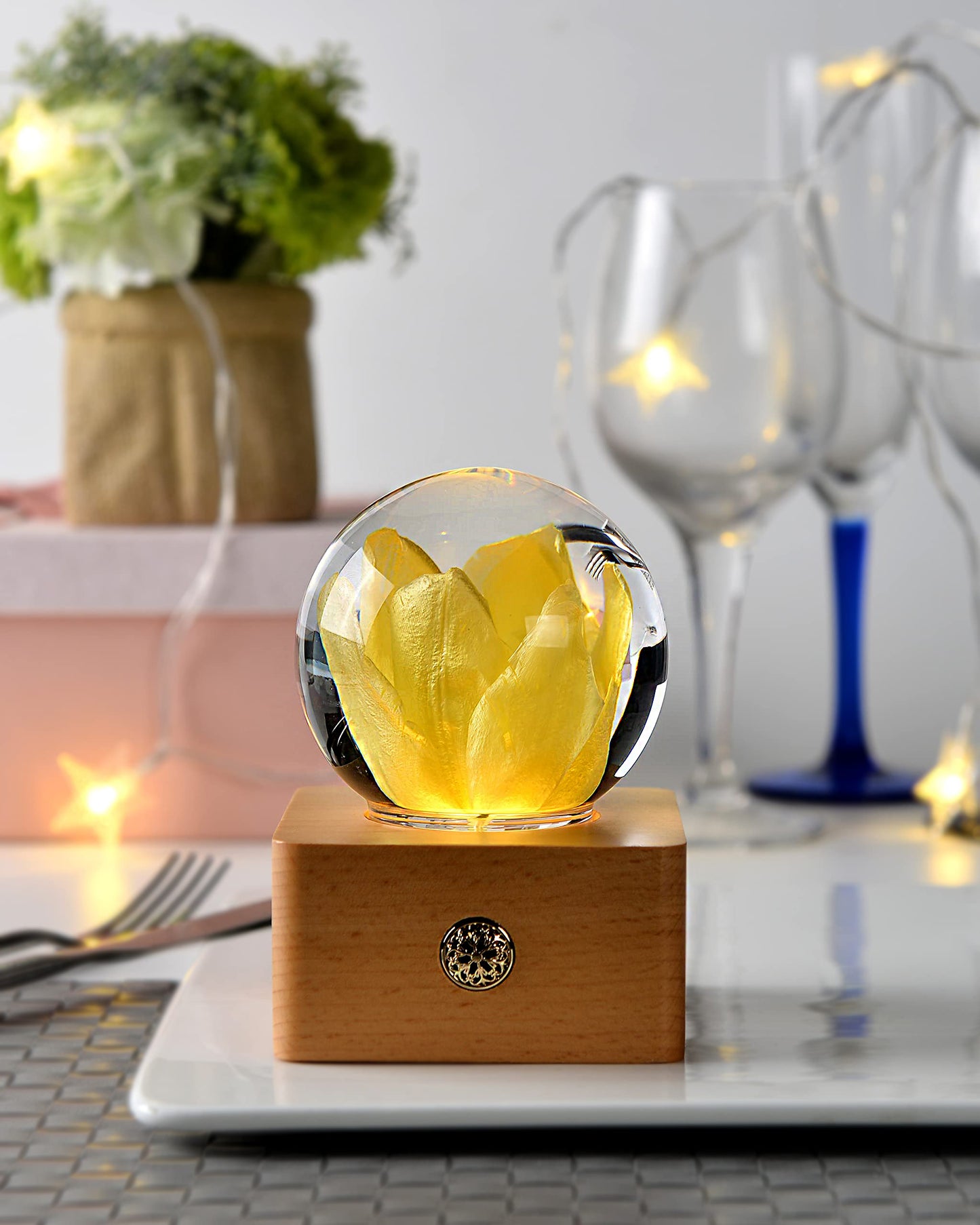 Yellow Tulip Flower Night Light Crystal Ball - （Natural Preserved Flower)