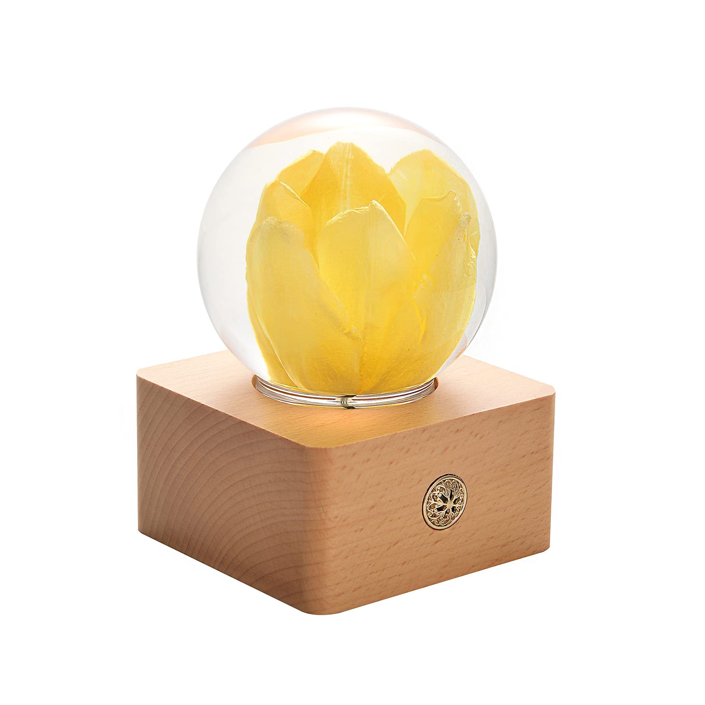 Yellow Tulip Flower Night Light Crystal Ball - （Natural Preserved Flower)