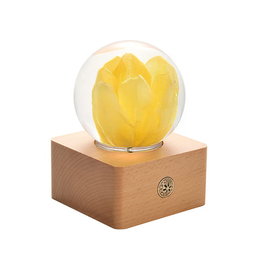 Yellow Tulip Flower Night Light Crystal Ball - （Natural Preserved Flower)