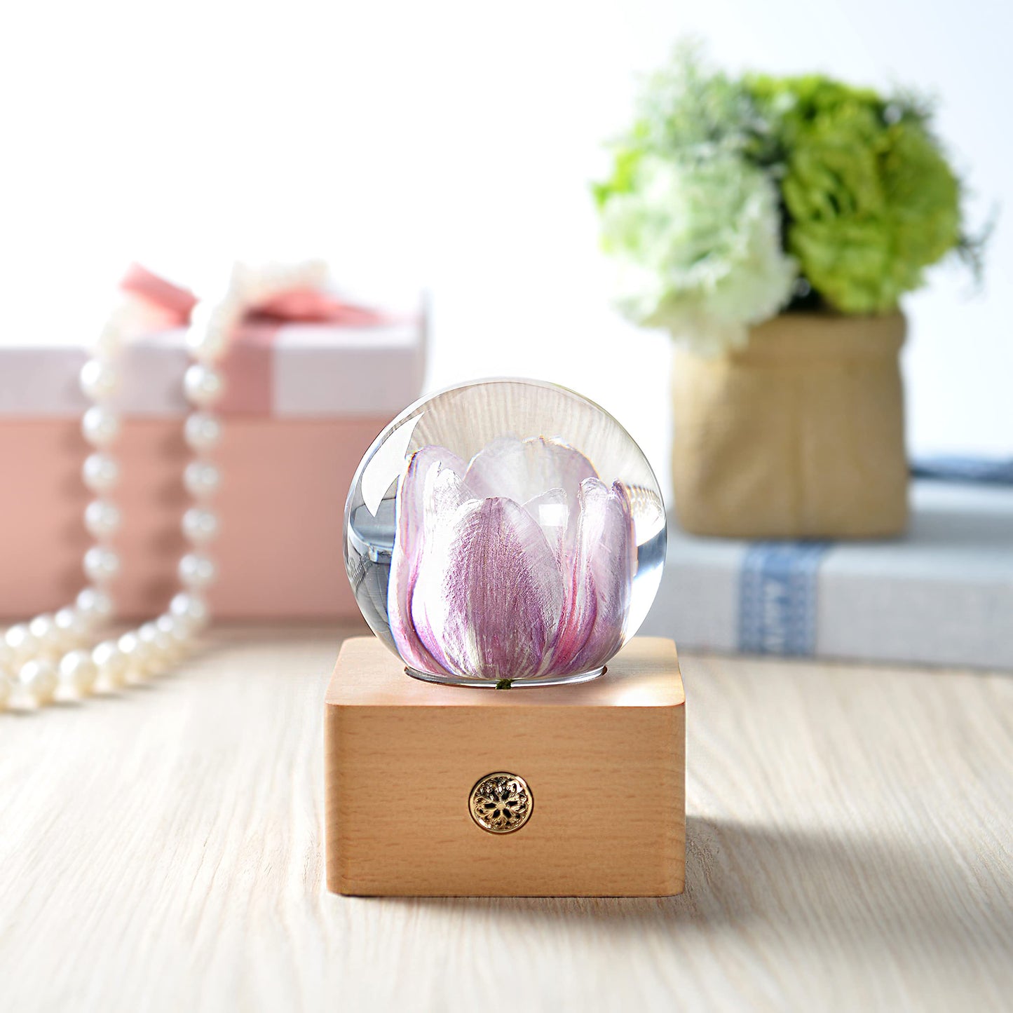 Purple Tulips Flower Night Light Crystal Ball - （Natural Preserved Flower)