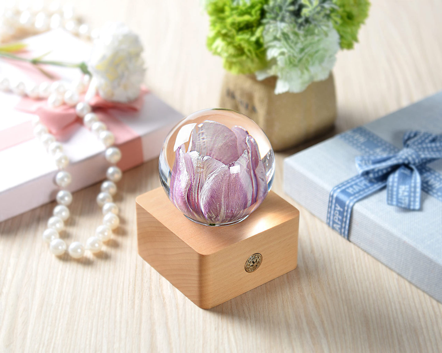 Purple Tulips Flower Night Light Crystal Ball - （Natural Preserved Flower)