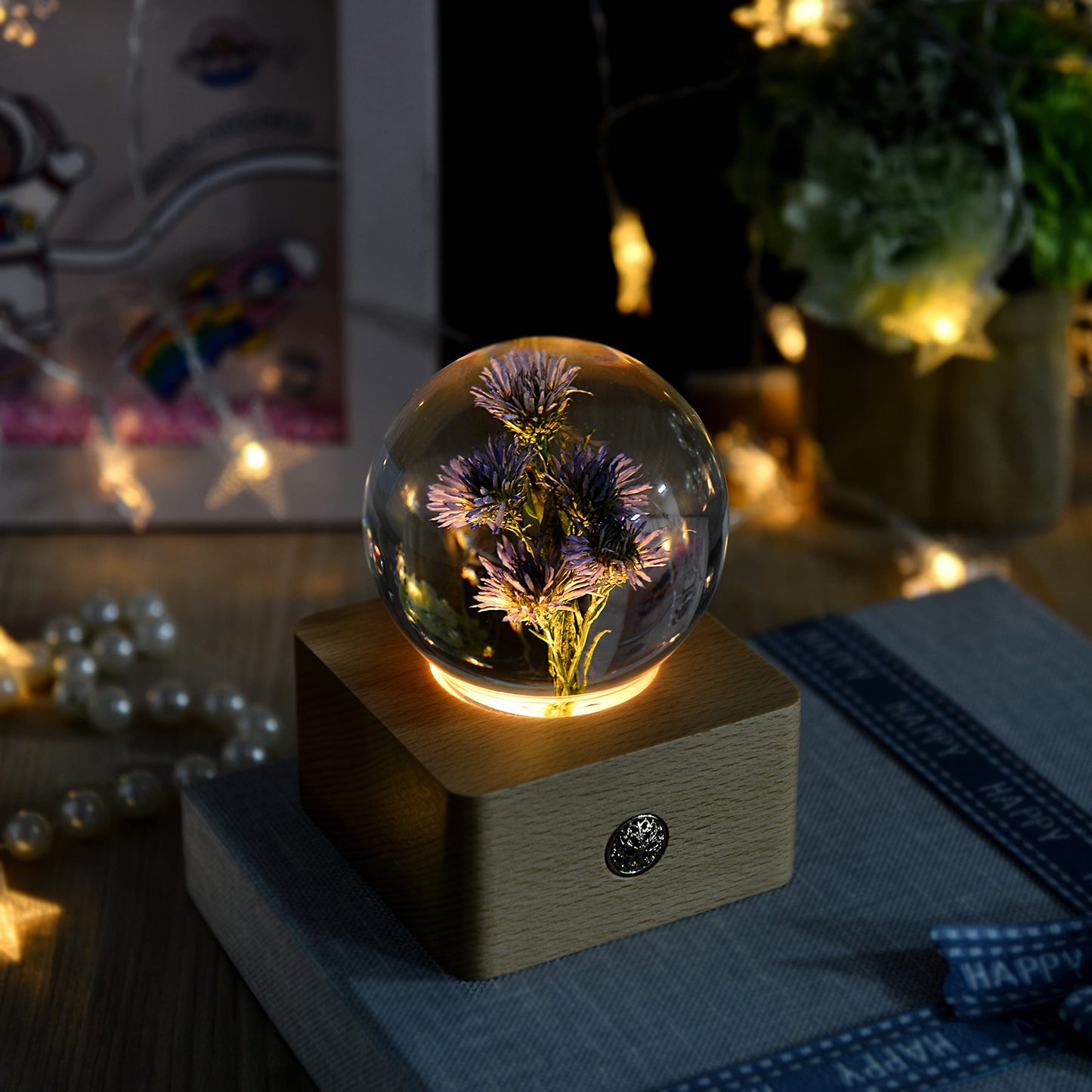 Purple Chrysanthemum Night Light Crystal Ball - (Natural Preserved Flower)