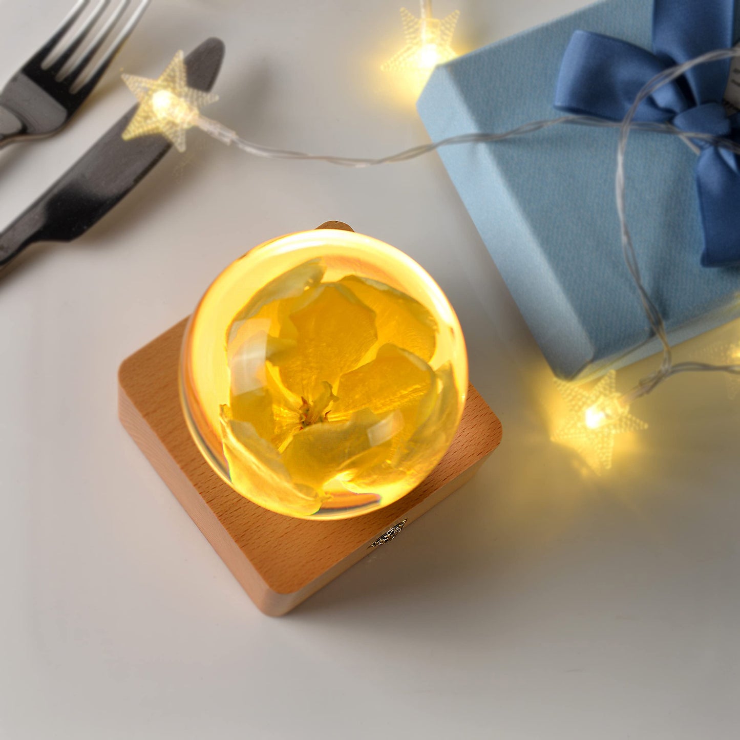 Yellow Tulip Flower Night Light Crystal Ball - （Natural Preserved Flower)