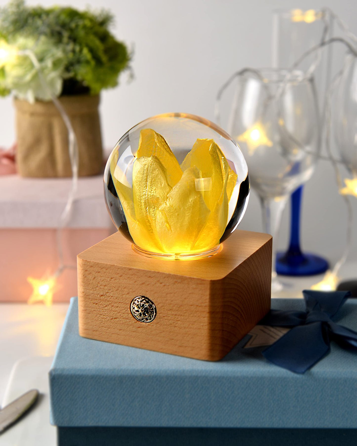 Yellow Tulip Flower Night Light Crystal Ball - （Natural Preserved Flower)