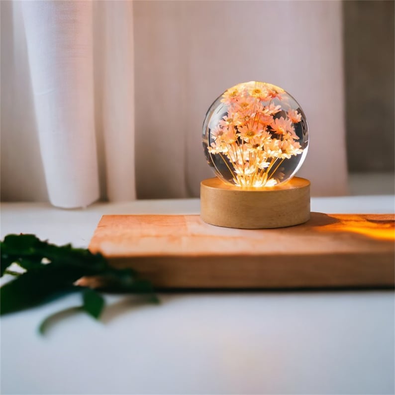 Little Pink Daisy Flowers Night Light Crystal Ball - (Natural Preserved Flower)