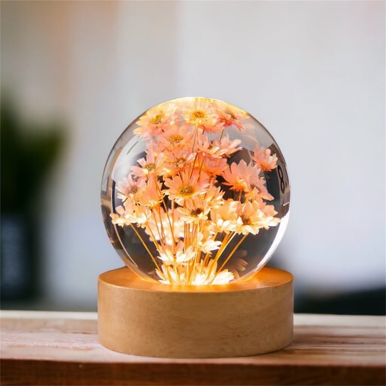 Little Pink Daisy Flowers Night Light Crystal Ball - (Natural Preserved Flower)