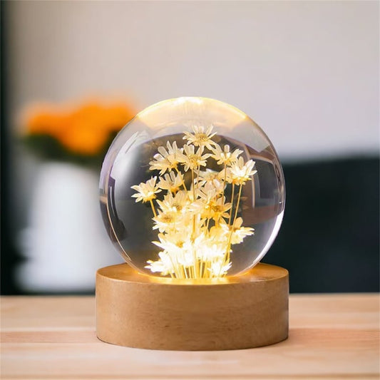 Little White Daisy Flowers Night Light Crystal Ball - (Natural Preserved Flower)