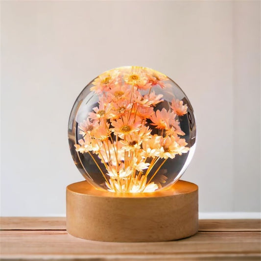 Little Pink Daisy Flowers Night Light Crystal Ball - (Natural Preserved Flower)